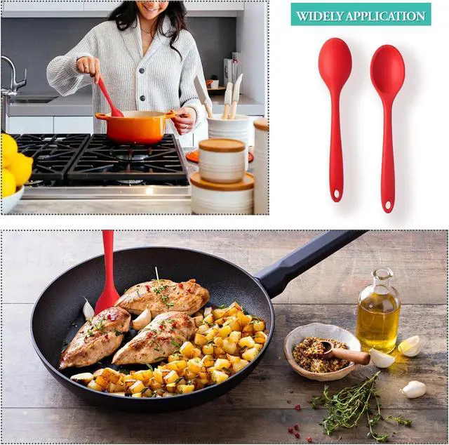 Alt view image 5 of 7 - 2 Pcs Large Silicone Spoons for Cooking, Red | Heat Resistant, Non-Stick, Mixing Spoon, Kitchen Cooking Baking Stirring Mixing Basting Tools