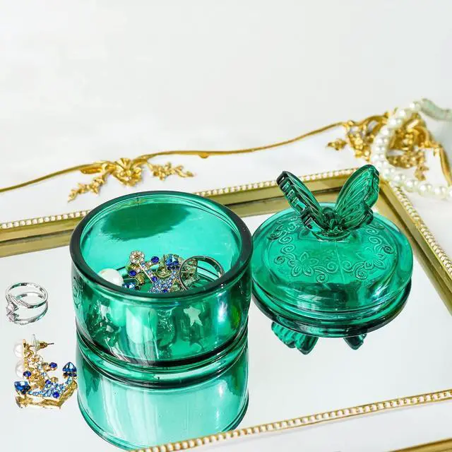 Alt view image 2 of 7 - KANPURA 3.5 oz Green Embossed Glass Jar with Lid, Crystal Glass Candy Dish | Small Cookie Jar, Jewelry Box, Decorative Candy Bowl for Christmas Party Buffet