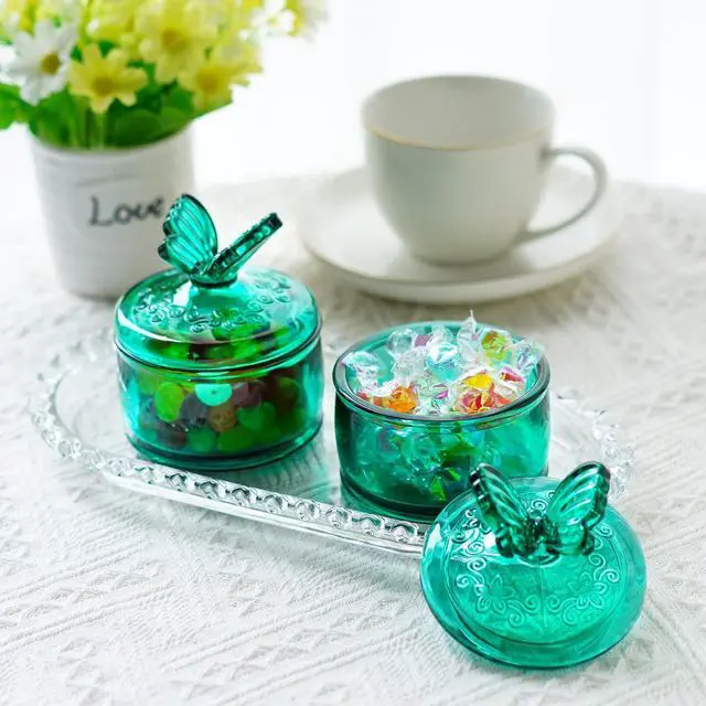 Alt view image 6 of 7 - KANPURA 3.5 oz Green Embossed Glass Jar with Lid, Crystal Glass Candy Dish | Small Cookie Jar, Jewelry Box, Decorative Candy Bowl for Christmas Party Buffet