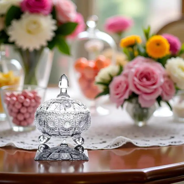 Alt view image 5 of 7 - Glass Candy Dish with Lids Crystal Candy Jar Home Decorative Covered Glass Jar Wedding Buffet Jewelry Box 8 oz Cookie Jar Biscuit Containers for Snacks Office Desk Party Coffee Beans (sun)