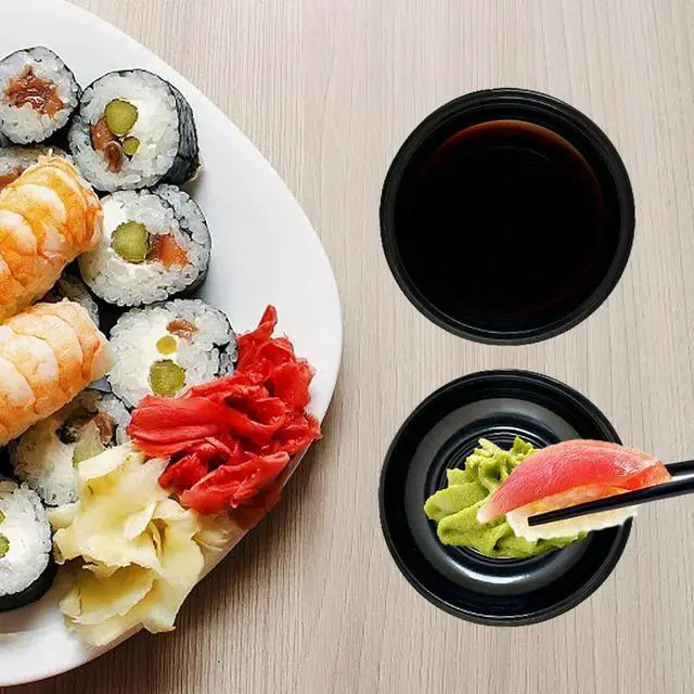 Alt view image 5 of 7 - 100 Pcs Plastic Disposable Sauce Dishes, Dipping Soy Sauce Seasoning Plate Bowls, Mini Condiment Appetizer Tray for Sushi Soy Mustard Vinegar Ketchup BBQ, Black Circular