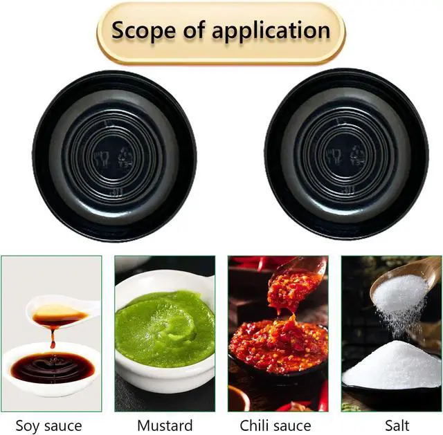 Alt view image 6 of 7 - 100 Pcs Plastic Disposable Sauce Dishes, Dipping Soy Sauce Seasoning Plate Bowls, Mini Condiment Appetizer Tray for Sushi Soy Mustard Vinegar Ketchup BBQ, Black Circular