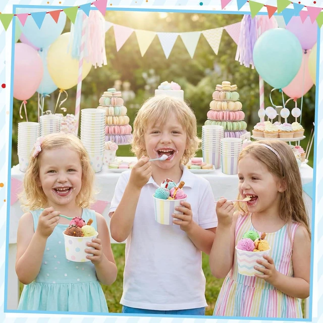 Alt view image 7 of 9 - NatNarr 60 Pcs Ice Cream Cups Disposable, 4 Oz Pastel Treat Cups | 3 Styles Small Paper Bowls Mini Ice Cream Party Supplies for Sundae Dessert Snack Frozen Yogurt Soup