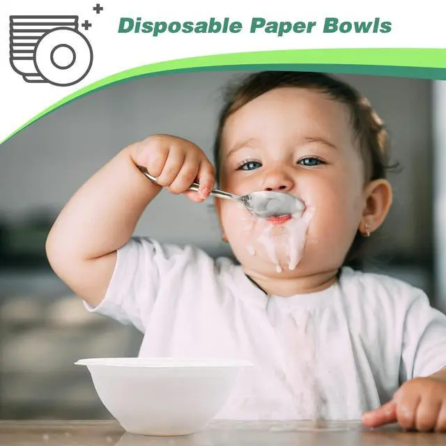 Alt view image 5 of 7 - 100 Pcs 8oz Disposable Paper Bowls - Natural Compostable White Heavy-Duty Bagasse for Parties, Catering and Everyday Use