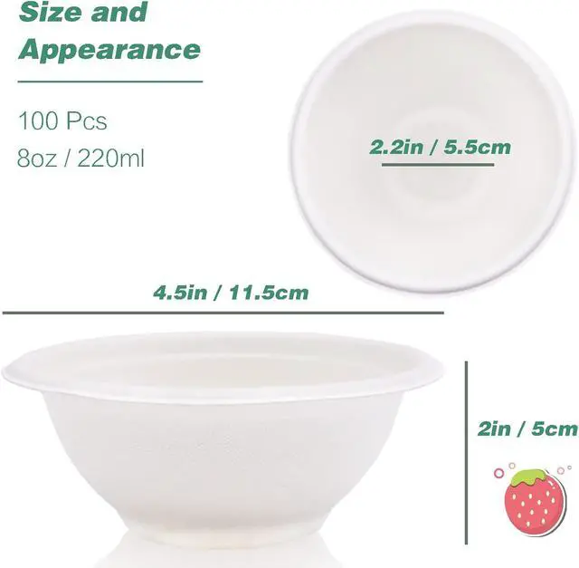 Alt view image 2 of 7 - 100 Pcs 8oz Disposable Paper Bowls - Natural Compostable White Heavy-Duty Bagasse for Parties, Catering and Everyday Use