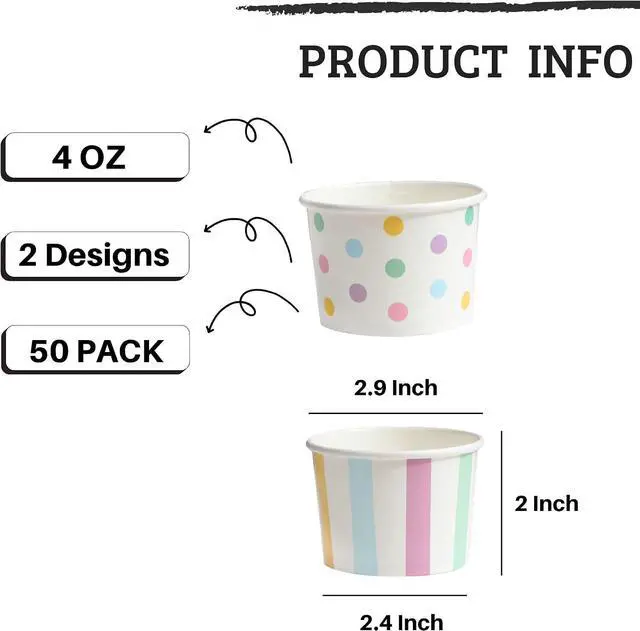 Alt view image 2 of 7 - Winoo Design Small Ice Cream Cups Disposable - 50 PK - Paper Ice Cream Cups 4 oz Mini Sundae Bowls Treat Cups Containers (2 Assorted Designs 4oz Cups)