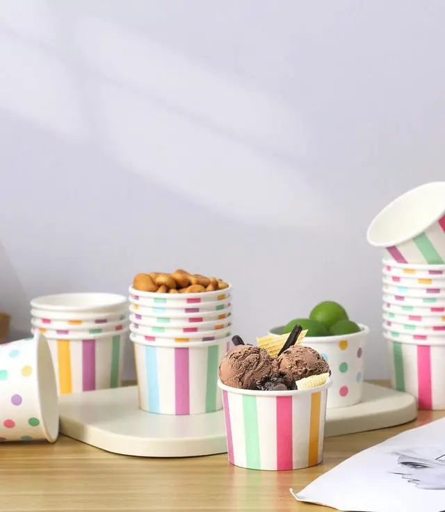 Alt view image 6 of 7 - Winoo Design Small Ice Cream Cups Disposable - 50 PK - Paper Ice Cream Cups 4 oz Mini Sundae Bowls Treat Cups Containers (2 Assorted Designs 4oz Cups)
