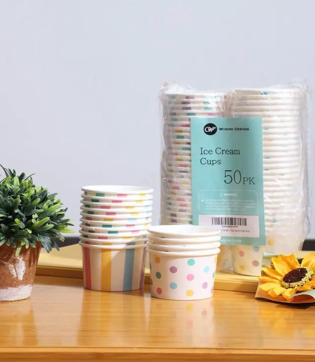 Alt view image 7 of 7 - Winoo Design Small Ice Cream Cups Disposable - 50 PK - Paper Ice Cream Cups 4 oz Mini Sundae Bowls Treat Cups Containers (2 Assorted Designs 4oz Cups)