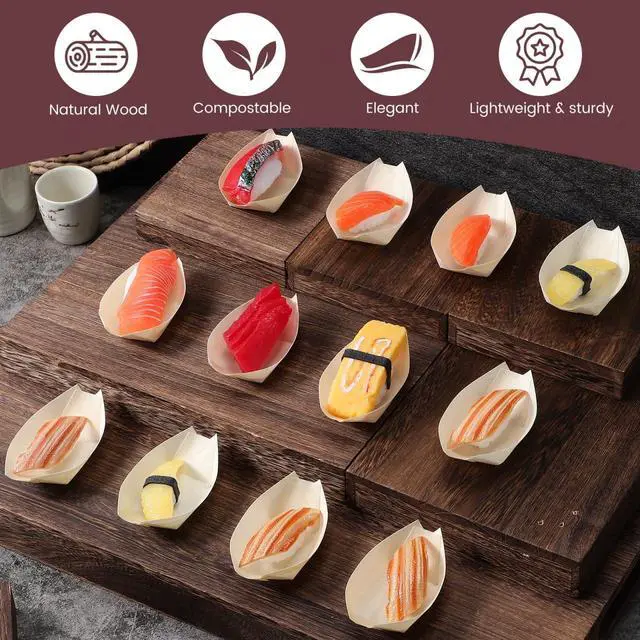 Alt view image 7 of 7 - Toddmomy Sushi Boat Serving Tray 50 pack Mini Wood Boats 3.34 X 2.36 X 1.18 in Disposable Snack Containers for Appetizers Desserts Party Home Dining Japanese Style Tableware