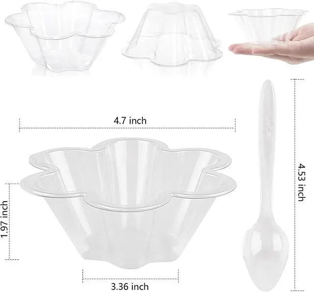 Alt view image 3 of 6 - 8 oz Plastic Dessert Cups with Spoons, 50ct | Clear Flower Shaped Party Sundae Serving Bowls, Parfait Appetizer Cups for Ice Cream, Nuts, Salad