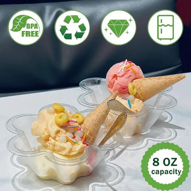 Alt view image 4 of 6 - 8 oz Plastic Dessert Cups with Spoons, 50ct | Clear Flower Shaped Party Sundae Serving Bowls, Parfait Appetizer Cups for Ice Cream, Nuts, Salad
