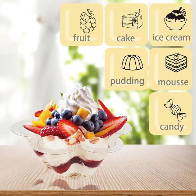 Alt view image 5 of 6 - 8 oz Plastic Dessert Cups with Spoons, 50ct | Clear Flower Shaped Party Sundae Serving Bowls, Parfait Appetizer Cups for Ice Cream, Nuts, Salad