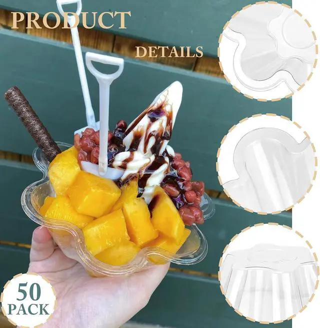 Alt view image 6 of 6 - 8 oz Plastic Dessert Cups with Spoons, 50ct | Clear Flower Shaped Party Sundae Serving Bowls, Parfait Appetizer Cups for Ice Cream, Nuts, Salad