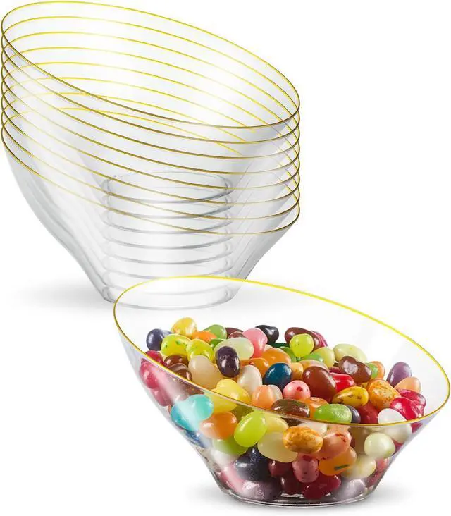 Main image of PLASTICPRO Angled Plastic Bowls Disposable Small Plastic Clear Serving Bowls with Gold Rim for Party for Appetizer Salads Pack of 8