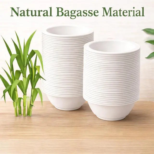 Alt view image 3 of 7 - 8oz Compostable Paper Bowls Heavy-Duty Disposable Bagasse Bowls, Biodegradable & Eco-Friendly, Microwave Safe, Heat Resistant for Soup, Salad, Ice Cream, Snacks, Desserts, Hot & Cold Foods 60 count