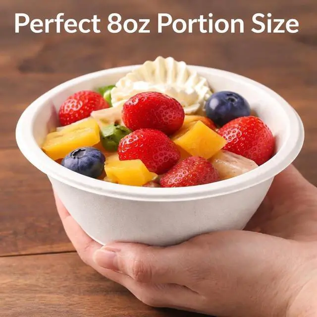 Alt view image 6 of 7 - 8oz Compostable Paper Bowls Heavy-Duty Disposable Bagasse Bowls, Biodegradable & Eco-Friendly, Microwave Safe, Heat Resistant for Soup, Salad, Ice Cream, Snacks, Desserts, Hot & Cold Foods 60 count