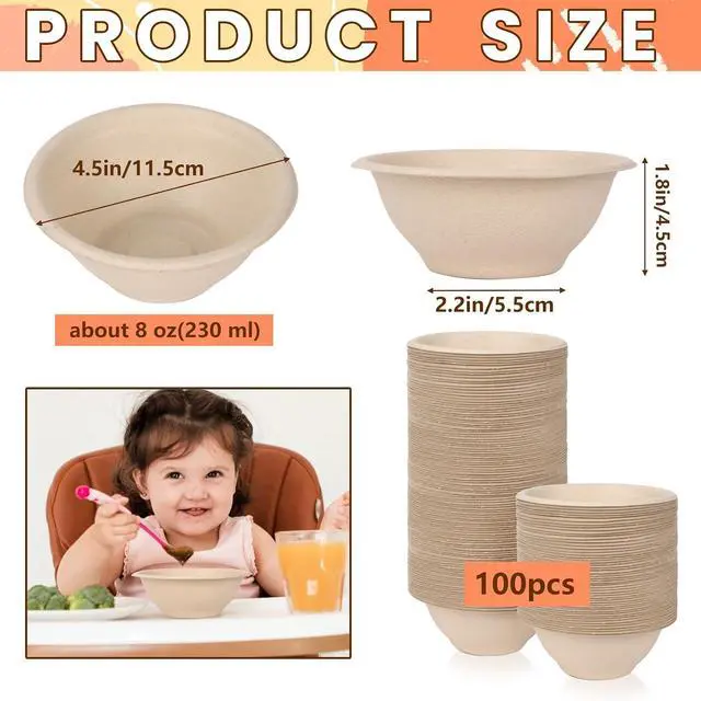 Alt view image 2 of 7 - 100 Pcs 8 oz Compostable Bowls,Disposable Paper Bowls | Heavy-Duty Thick Natural Bagasse Bowls, Biodegradable Bowls for Salad, Sauce, Soup, Pasta and Dessert