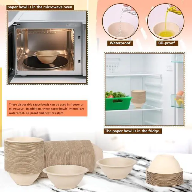 Alt view image 4 of 7 - 100 Pcs 8 oz Compostable Bowls,Disposable Paper Bowls | Heavy-Duty Thick Natural Bagasse Bowls, Biodegradable Bowls for Salad, Sauce, Soup, Pasta and Dessert