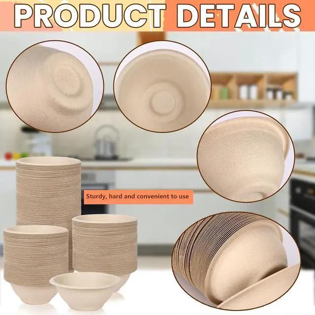 Alt view image 5 of 7 - 100 Pcs 8 oz Compostable Bowls,Disposable Paper Bowls | Heavy-Duty Thick Natural Bagasse Bowls, Biodegradable Bowls for Salad, Sauce, Soup, Pasta and Dessert