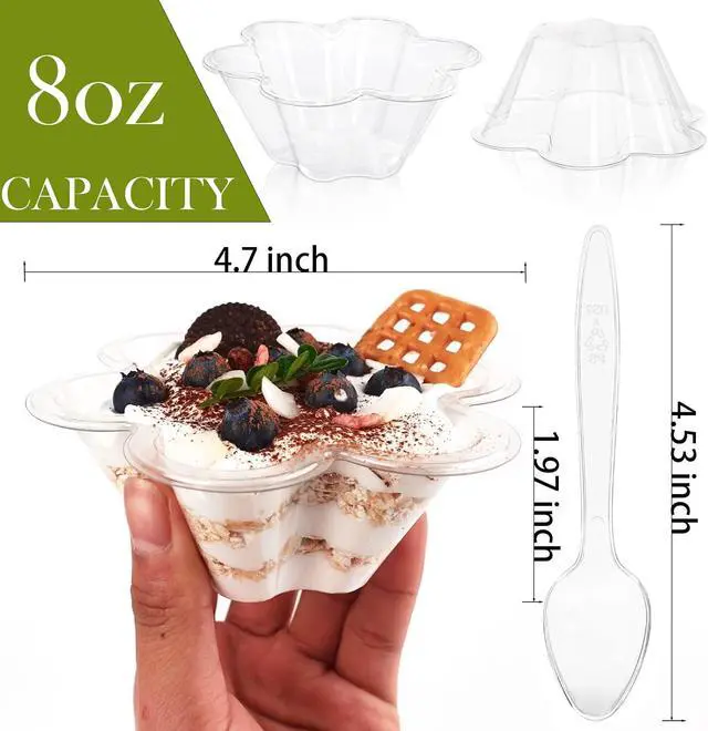 Alt view image 3 of 6 - Hiasobre 8 oz Plastic Dessert Cups with Spoons, 50 ct | Clear Disposable Flower Shaped Ice Cream Bowls, Party Sundae Serving Bowls, Trifle Tasters for Ice Cream, Nuts, Salad