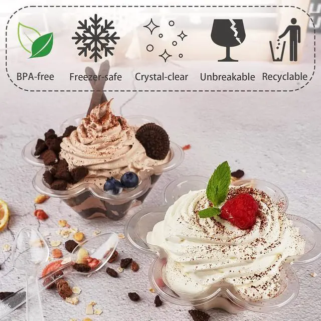 Alt view image 4 of 6 - Hiasobre 8 oz Plastic Dessert Cups with Spoons, 50 ct | Clear Disposable Flower Shaped Ice Cream Bowls, Party Sundae Serving Bowls, Trifle Tasters for Ice Cream, Nuts, Salad