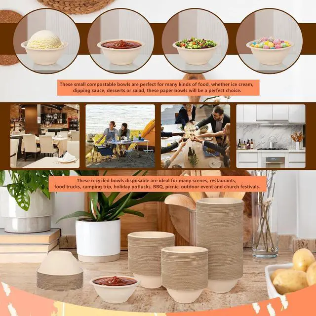 Alt view image 6 of 7 - 100 Pcs 8 oz Compostable Bowls,Disposable Paper Bowls | Heavy-Duty Thick Natural Bagasse Bowls, Biodegradable Bowls for Salad, Sauce, Soup, Pasta and Dessert