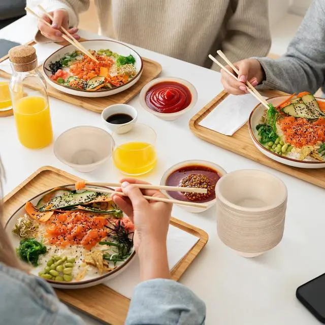 Alt view image 7 of 7 - 100 Pcs 8 oz Compostable Bowls,Disposable Paper Bowls | Heavy-Duty Thick Natural Bagasse Bowls, Biodegradable Bowls for Salad, Sauce, Soup, Pasta and Dessert