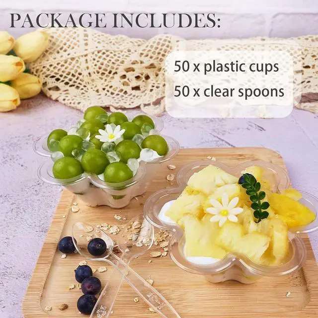Alt view image 5 of 6 - Hiasobre 8 oz Plastic Dessert Cups with Spoons, 50 ct | Clear Disposable Flower Shaped Ice Cream Bowls, Party Sundae Serving Bowls, Trifle Tasters for Ice Cream, Nuts, Salad