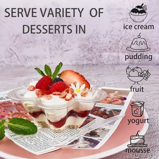Alt view image 6 of 6 - Hiasobre 8 oz Plastic Dessert Cups with Spoons, 50 ct | Clear Disposable Flower Shaped Ice Cream Bowls, Party Sundae Serving Bowls, Trifle Tasters for Ice Cream, Nuts, Salad