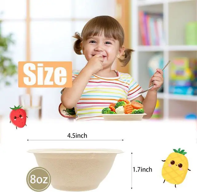 Alt view image 2 of 7 - 100 Pack 8oz Compostable Paper Bowls,Heavy-Duty Disposable Natural Bagasse Bowls,Biodegradable Soup Bowls,Eco-Friendly,Heat Resistant,for Ice Cream,Salad,Soup,Snack,Dessert,Pasta,Hot or Cold Use