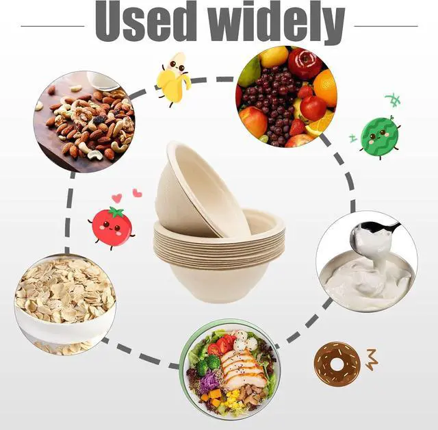 Alt view image 3 of 7 - 100 Pack 8oz Compostable Paper Bowls,Heavy-Duty Disposable Natural Bagasse Bowls,Biodegradable Soup Bowls,Eco-Friendly,Heat Resistant,for Ice Cream,Salad,Soup,Snack,Dessert,Pasta,Hot or Cold Use