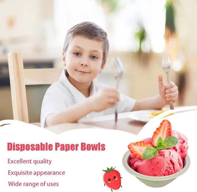 Alt view image 5 of 7 - 100 Pack 8oz Compostable Paper Bowls,Heavy-Duty Disposable Natural Bagasse Bowls,Biodegradable Soup Bowls,Eco-Friendly,Heat Resistant,for Ice Cream,Salad,Soup,Snack,Dessert,Pasta,Hot or Cold Use