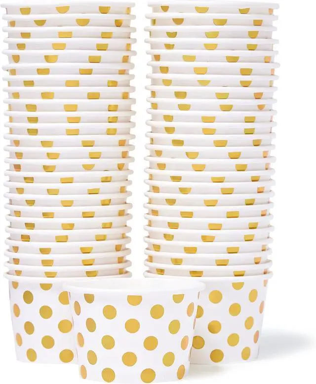 Main image of MATICAN Paper Ice Cream Cups - 50-Count 9-Oz Disposable Dessert Bowls for Hot or Cold Food, 9-Ounce Party Supplies Treat Cups for Sundae, Frozen Yogurt, Soup, Gold Foil Polka Dots