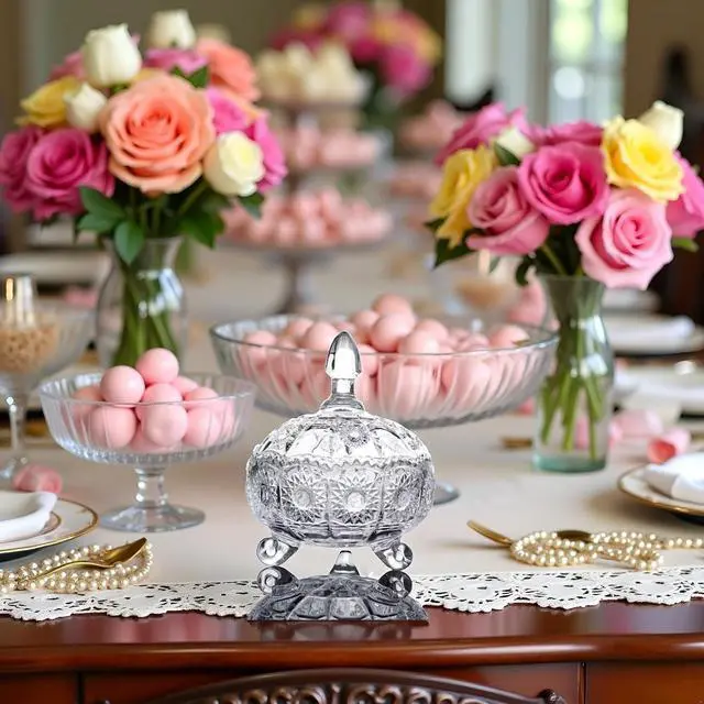 Alt view image 7 of 7 - Glass Candy Dish with Lids Crystal Candy Jar Home Decorative Covered Glass Jar Wedding Buffet Jewelry Box 8 oz Cookie Jar Biscuit Containers for Snacks Office Desk Party Coffee Beans (sun)