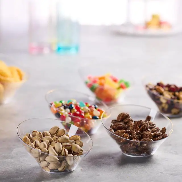 Alt view image 2 of 7 - PLASTICPRO Angled Plastic Bowls Disposable Small Plastic Clear Serving Bowls with Gold Rim for Party for Appetizer Salads Pack of 8