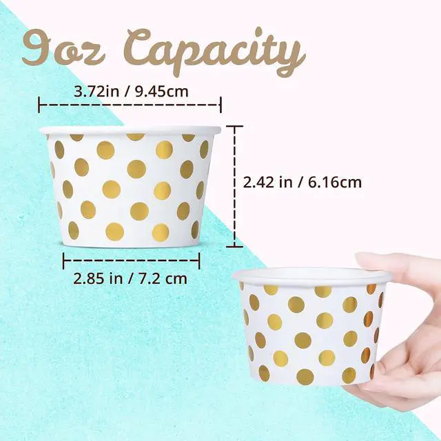Alt view image 4 of 7 - MATICAN Paper Ice Cream Cups - 50-Count 9-Oz Disposable Dessert Bowls for Hot or Cold Food, 9-Ounce Party Supplies Treat Cups for Sundae, Frozen Yogurt, Soup, Gold Foil Polka Dots