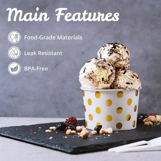 Alt view image 6 of 7 - MATICAN Paper Ice Cream Cups - 50-Count 9-Oz Disposable Dessert Bowls for Hot or Cold Food, 9-Ounce Party Supplies Treat Cups for Sundae, Frozen Yogurt, Soup, Gold Foil Polka Dots