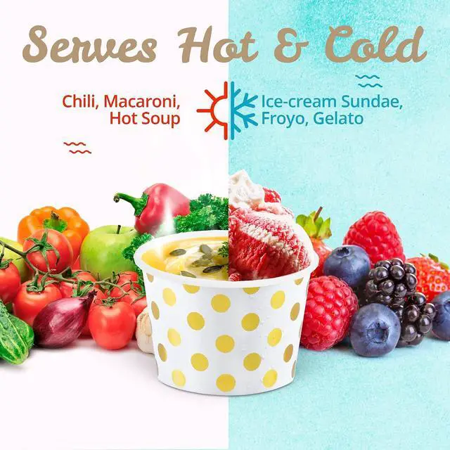 Alt view image 7 of 7 - MATICAN Paper Ice Cream Cups - 50-Count 9-Oz Disposable Dessert Bowls for Hot or Cold Food, 9-Ounce Party Supplies Treat Cups for Sundae, Frozen Yogurt, Soup, Gold Foil Polka Dots