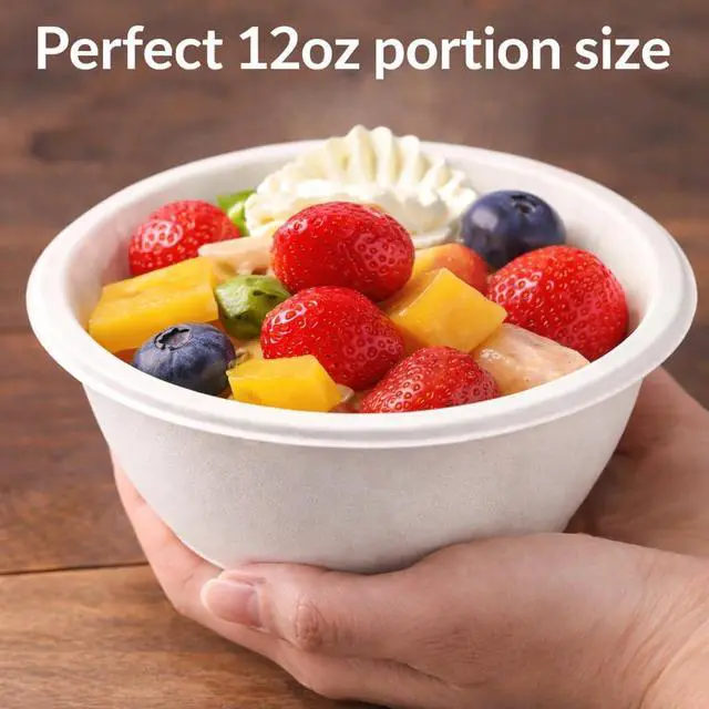 Alt view image 2 of 6 - 12oz Compostable Paper Bowls Heavy-Duty Disposable Bagasse Bowls, Biodegradable & Eco-Friendly, Microwave Safe, Heat Resistant for Soup, Salad, Ice Cream, Snacks, Desserts, Hot & Cold Foods 24pack
