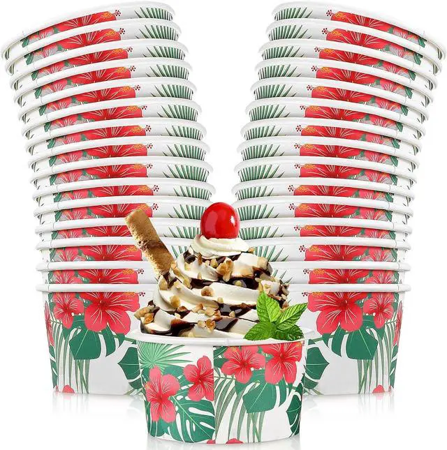 Main image of 30 pcs 8 oz Hawaiian Ice Cream Cups Summer Hibiscus Flowers Ice Cream Bowls Disposable Tropical Palm Dessert Treat Snack Cups Paper Yogurt Bowls for Summer Birthday Hawaiian Party Supplies