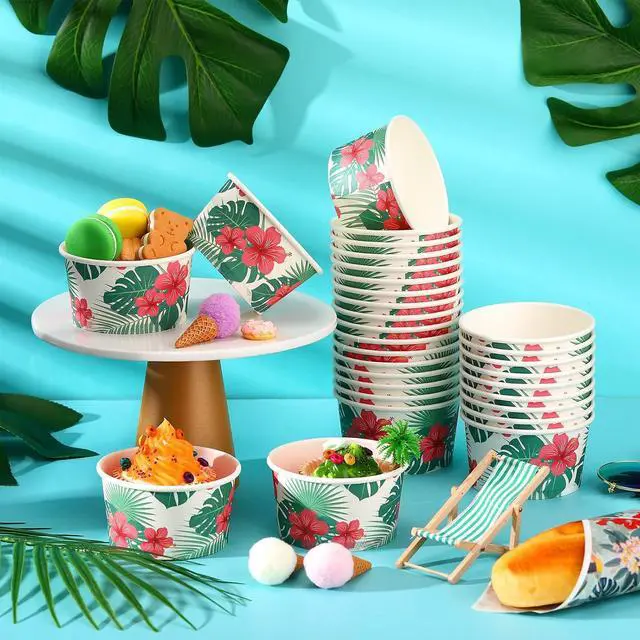 Alt view image 2 of 7 - 30 pcs 8 oz Hawaiian Ice Cream Cups Summer Hibiscus Flowers Ice Cream Bowls Disposable Tropical Palm Dessert Treat Snack Cups Paper Yogurt Bowls for Summer Birthday Hawaiian Party Supplies
