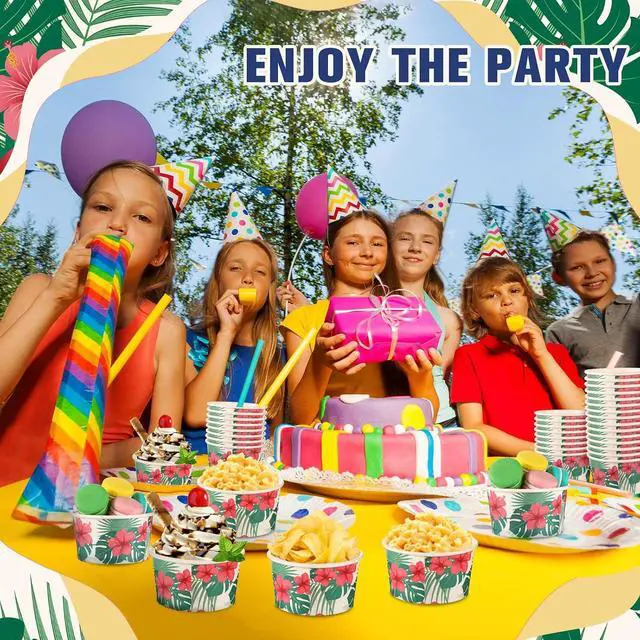 Alt view image 5 of 7 - 30 pcs 8 oz Hawaiian Ice Cream Cups Summer Hibiscus Flowers Ice Cream Bowls Disposable Tropical Palm Dessert Treat Snack Cups Paper Yogurt Bowls for Summer Birthday Hawaiian Party Supplies