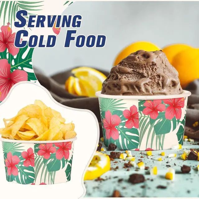 Alt view image 3 of 7 - 30 pcs 8 oz Hawaiian Ice Cream Cups Summer Hibiscus Flowers Ice Cream Bowls Disposable Tropical Palm Dessert Treat Snack Cups Paper Yogurt Bowls for Summer Birthday Hawaiian Party Supplies