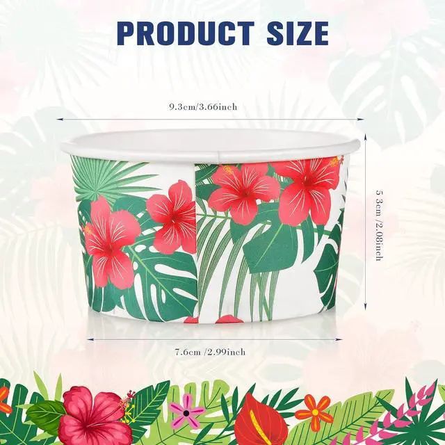 Alt view image 7 of 7 - 30 pcs 8 oz Hawaiian Ice Cream Cups Summer Hibiscus Flowers Ice Cream Bowls Disposable Tropical Palm Dessert Treat Snack Cups Paper Yogurt Bowls for Summer Birthday Hawaiian Party Supplies