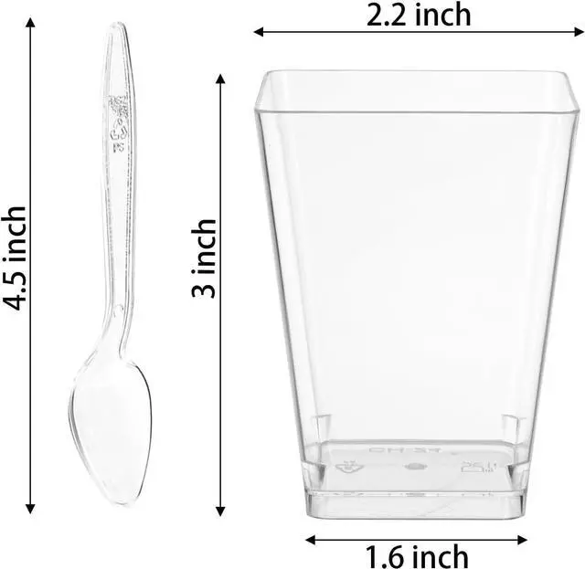 Alt view image 3 of 6 - 5 oz Plastic Dessert Cups with Spoons, 30 Pack | Clear Square Mini Parfait Cups, Party Shooter Appetizer Cups, Dessert Shot Glasses for Tasting Samples, Fruit, Ice Cream