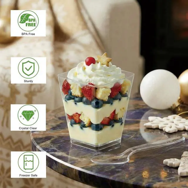 Alt view image 4 of 6 - 5 oz Plastic Dessert Cups with Spoons, 30 Pack | Clear Square Mini Parfait Cups, Party Shooter Appetizer Cups, Dessert Shot Glasses for Tasting Samples, Fruit, Ice Cream