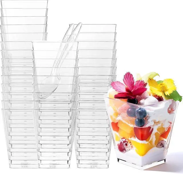 Main image of 5 oz Plastic Dessert Cups with Spoons, 30 Pack | Clear Square Mini Parfait Cups, Party Shooter Appetizer Cups, Dessert Shot Glasses for Tasting Samples, Fruit, Ice Cream