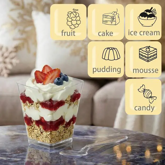 Alt view image 6 of 6 - 5 oz Plastic Dessert Cups with Spoons, 30 Pack | Clear Square Mini Parfait Cups, Party Shooter Appetizer Cups, Dessert Shot Glasses for Tasting Samples, Fruit, Ice Cream