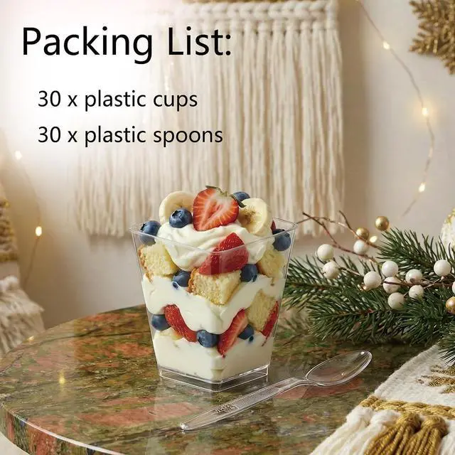 Alt view image 5 of 6 - 5 oz Plastic Dessert Cups with Spoons, 30 Pack | Clear Square Mini Parfait Cups, Party Shooter Appetizer Cups, Dessert Shot Glasses for Tasting Samples, Fruit, Ice Cream