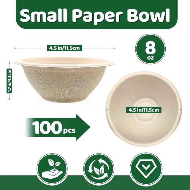 Alt view image 2 of 7 - 100 Pack 8oz Compostable Paper Bowls,Natural Bagasse Bowls | Heavy-Duty Disposable,Biodegradable Soup Bowls for Salad,Soup,Ice Cream,Snack,Dessert,Pasta,Hot or Cold Use